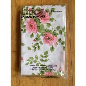 Vtg Utica JP Stevens 2 Pillowcases Pink Grn Roses Granny Core STANDARD PAIR New